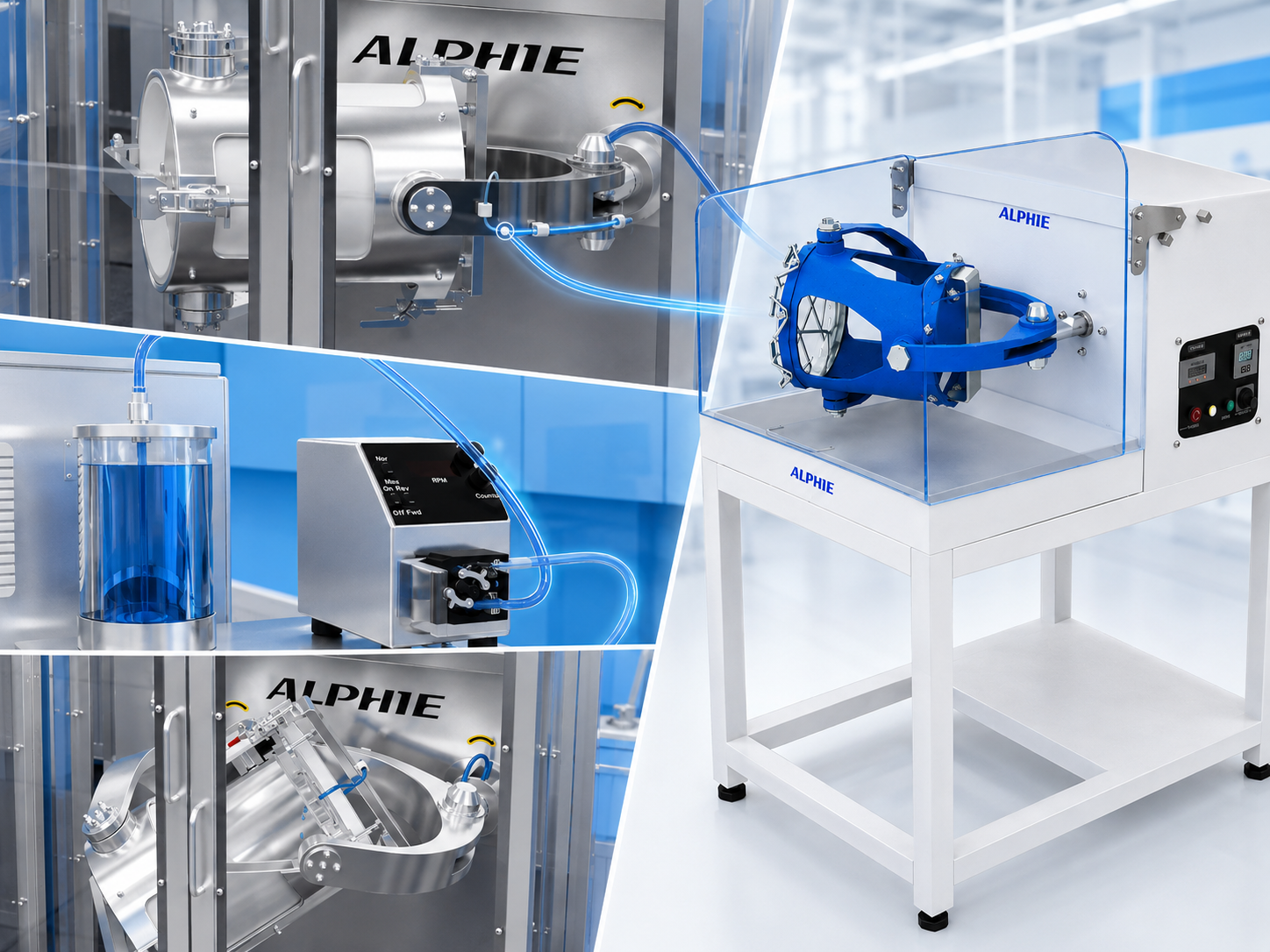 Illustration of an Alphie blender with a liquid reservoir, dosing pump and tubing feeding the mixing container
