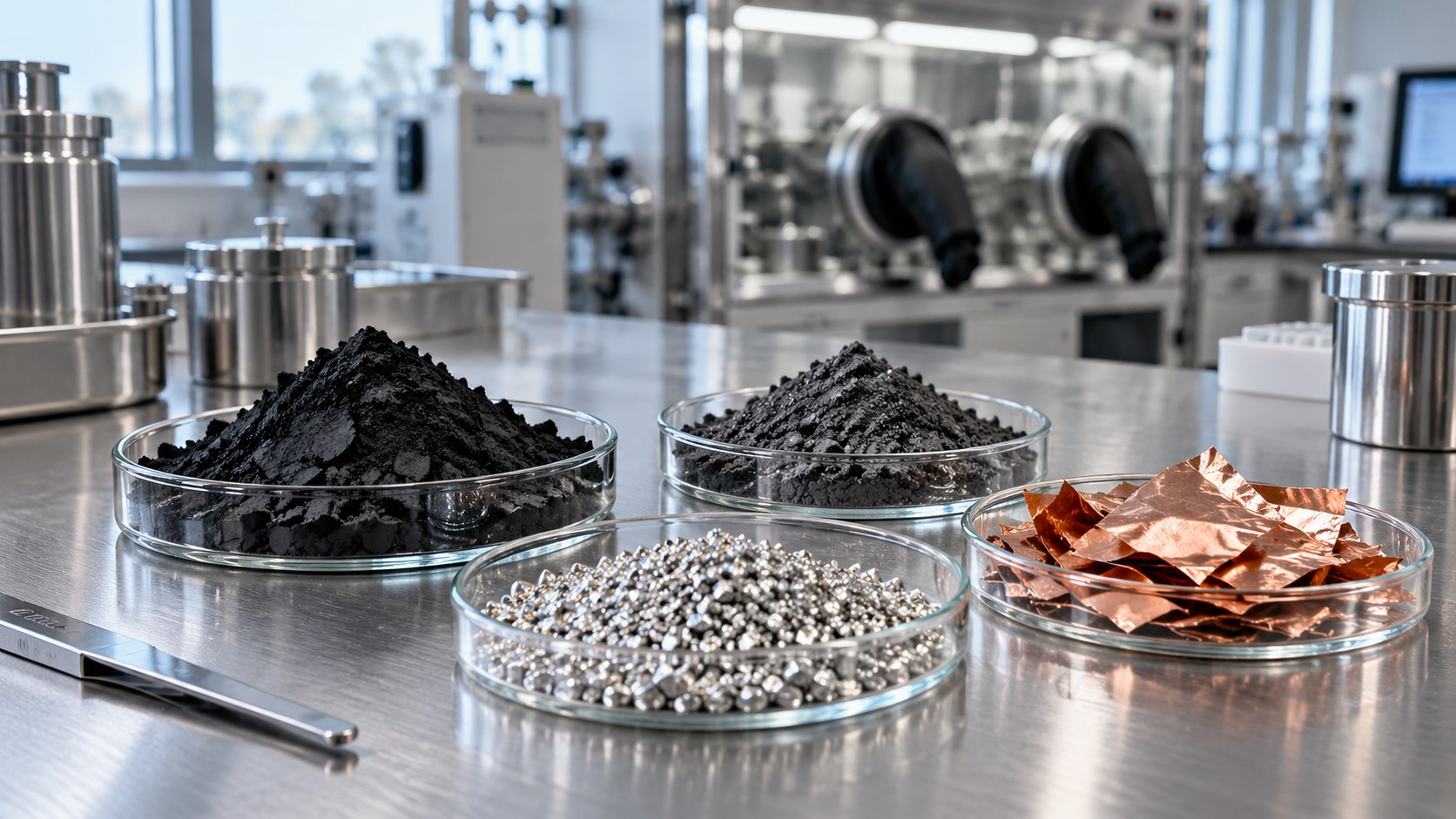 Graphite powders, metallic granules and copper foil in a battery materials laboratory