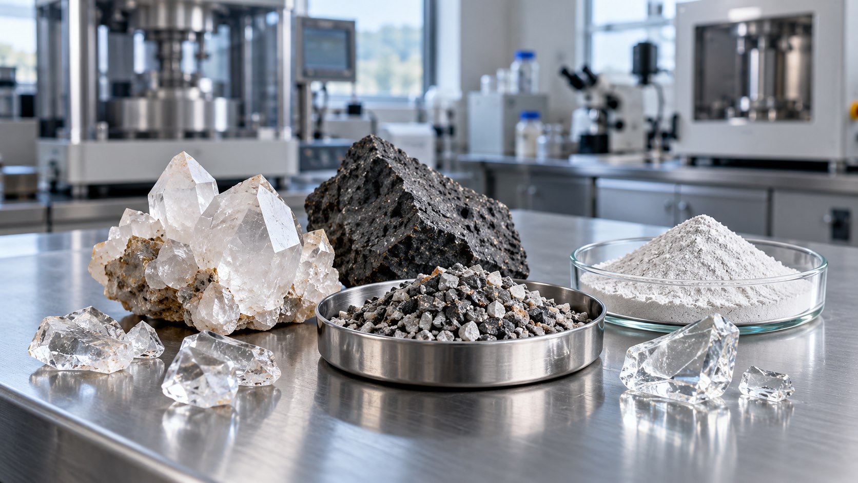 Quartz, crushed mineral granules, ceramic powder and glass samples in a materials laboratory