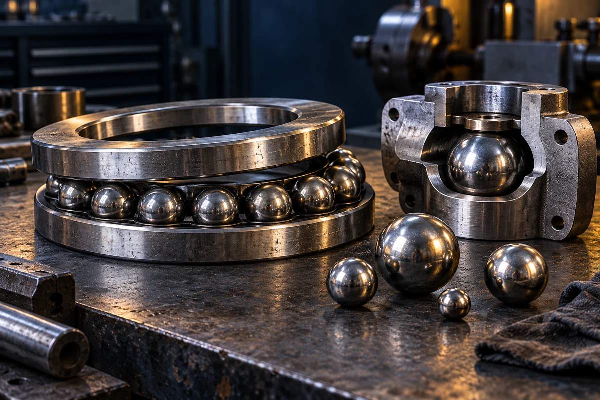 Conceptual industrial thrust bearing and solid-ball valve assembly on a workshop bench