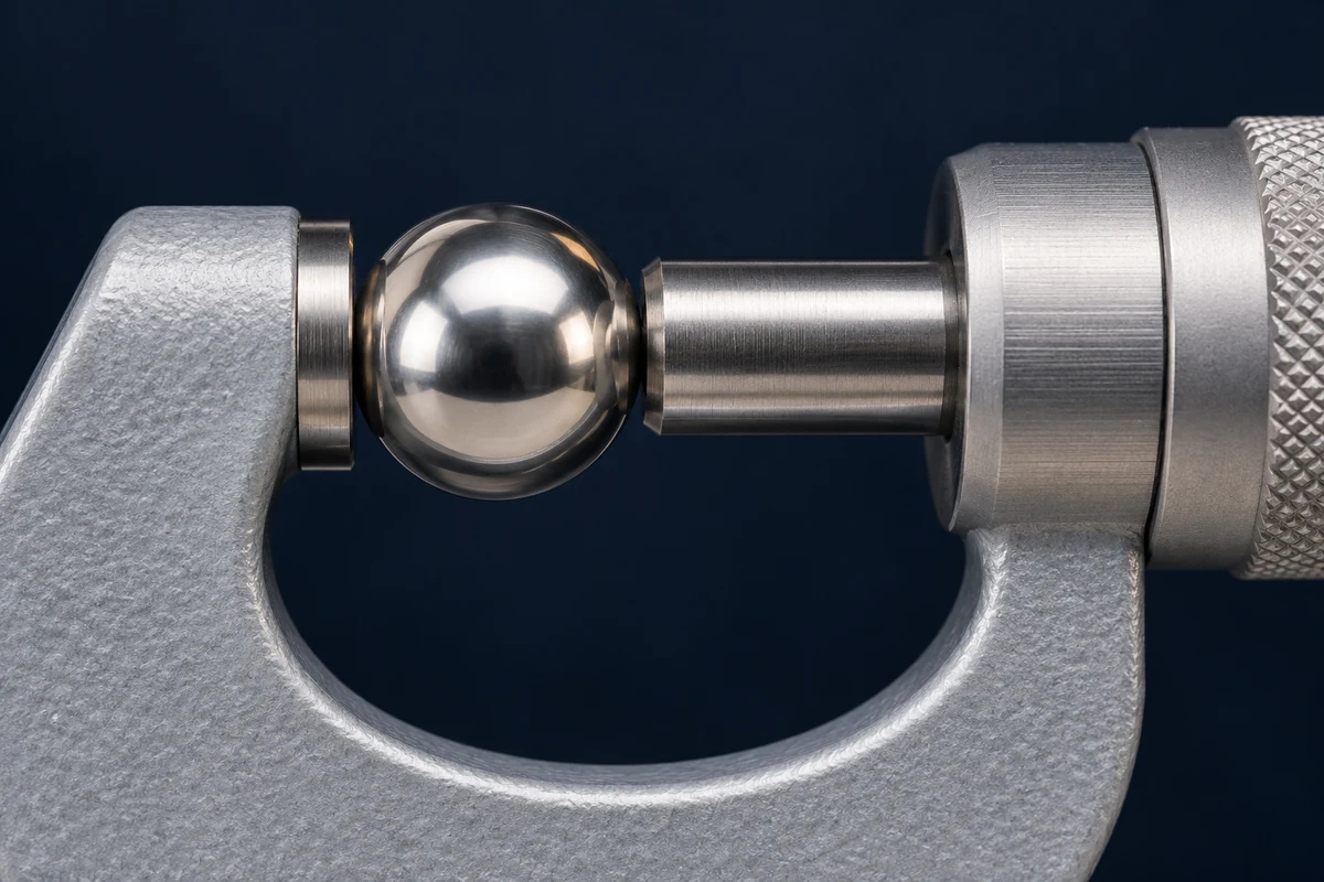 Photorealistic illustration of a micrometer measuring a polished steel ball