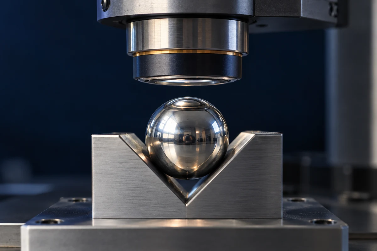 Photorealistic illustration of optical surface inspection of a steel ball in a fixture