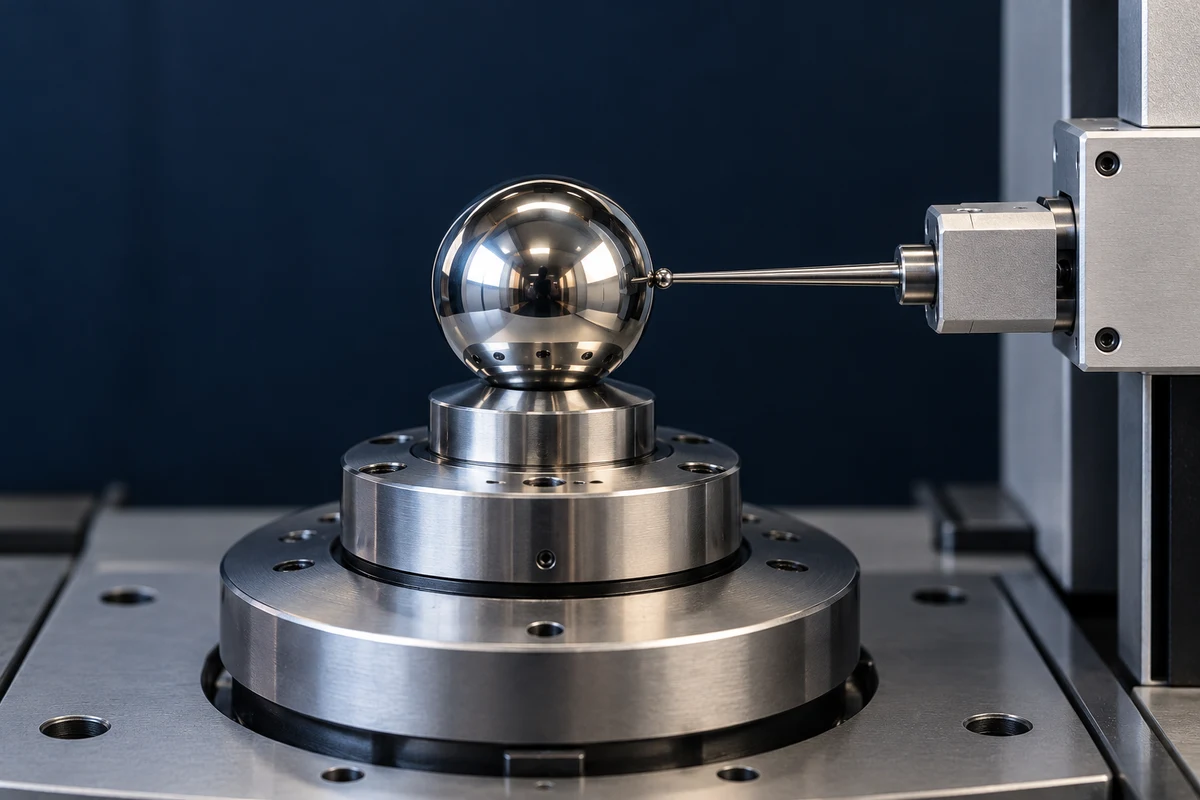 Photorealistic illustration of a ball on a rotary inspection stage with a contact probe