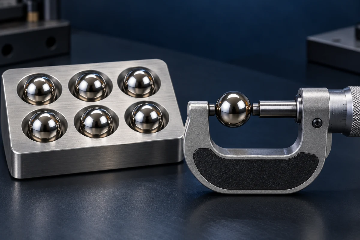 Photorealistic illustration of a group of equal nominal-size balls beside a micrometer