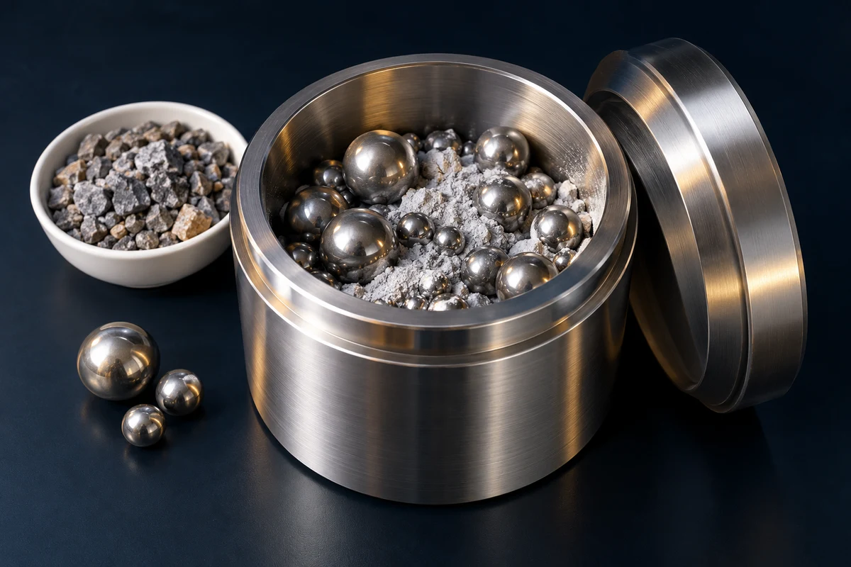 Illustration of a grinding jar with steel balls and dry mineral material