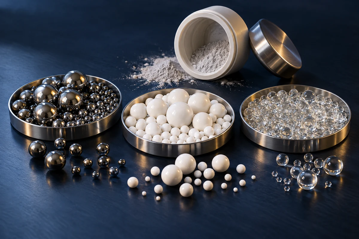 Illustrative range of steel, ceramic and glass grinding media beside a milling jar
