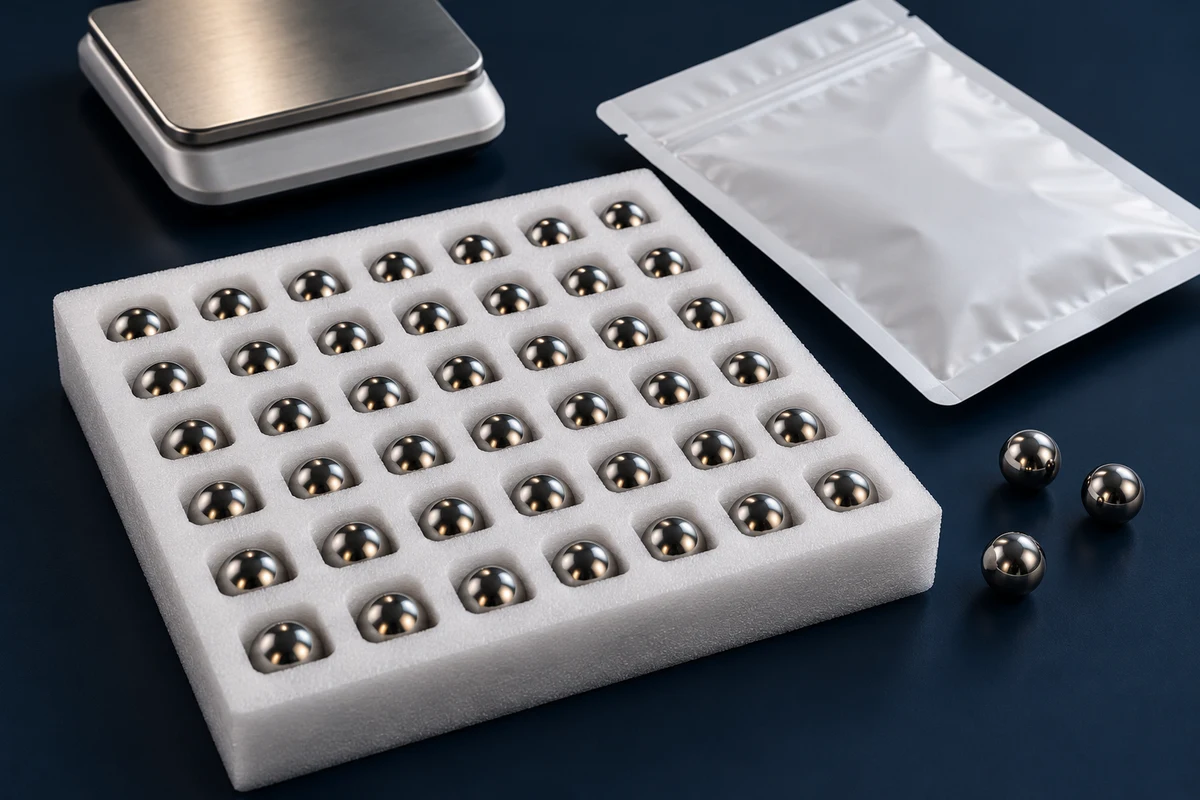 Illustration of steel balls in individual tray recesses beside a plain pouch and weighing scale