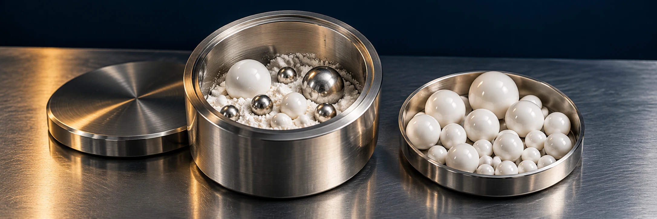 Steel and ceramic grinding balls beside a milling jar