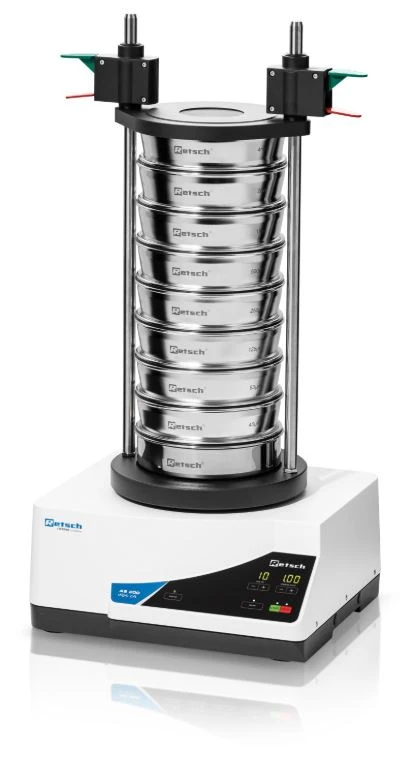 AS 200 Digit CA vibratory sieve shaker with a stack of test sieves