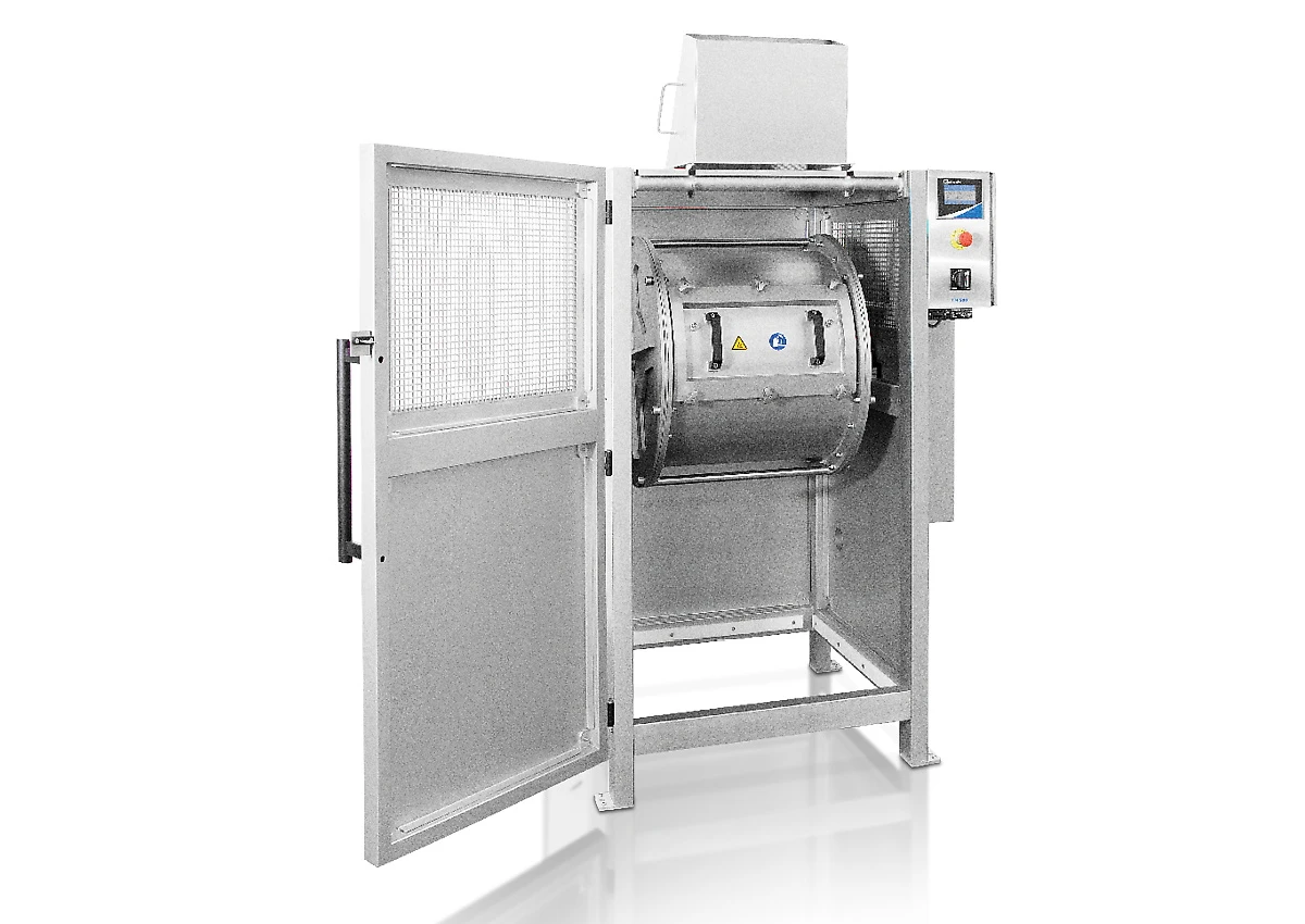 TM 500 drum mill with the door open showing the drum
