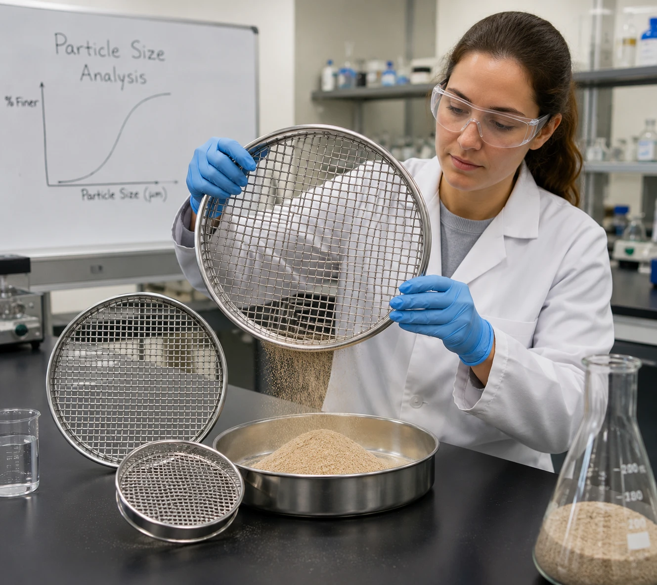 Scientist using woven wire mesh test sieves