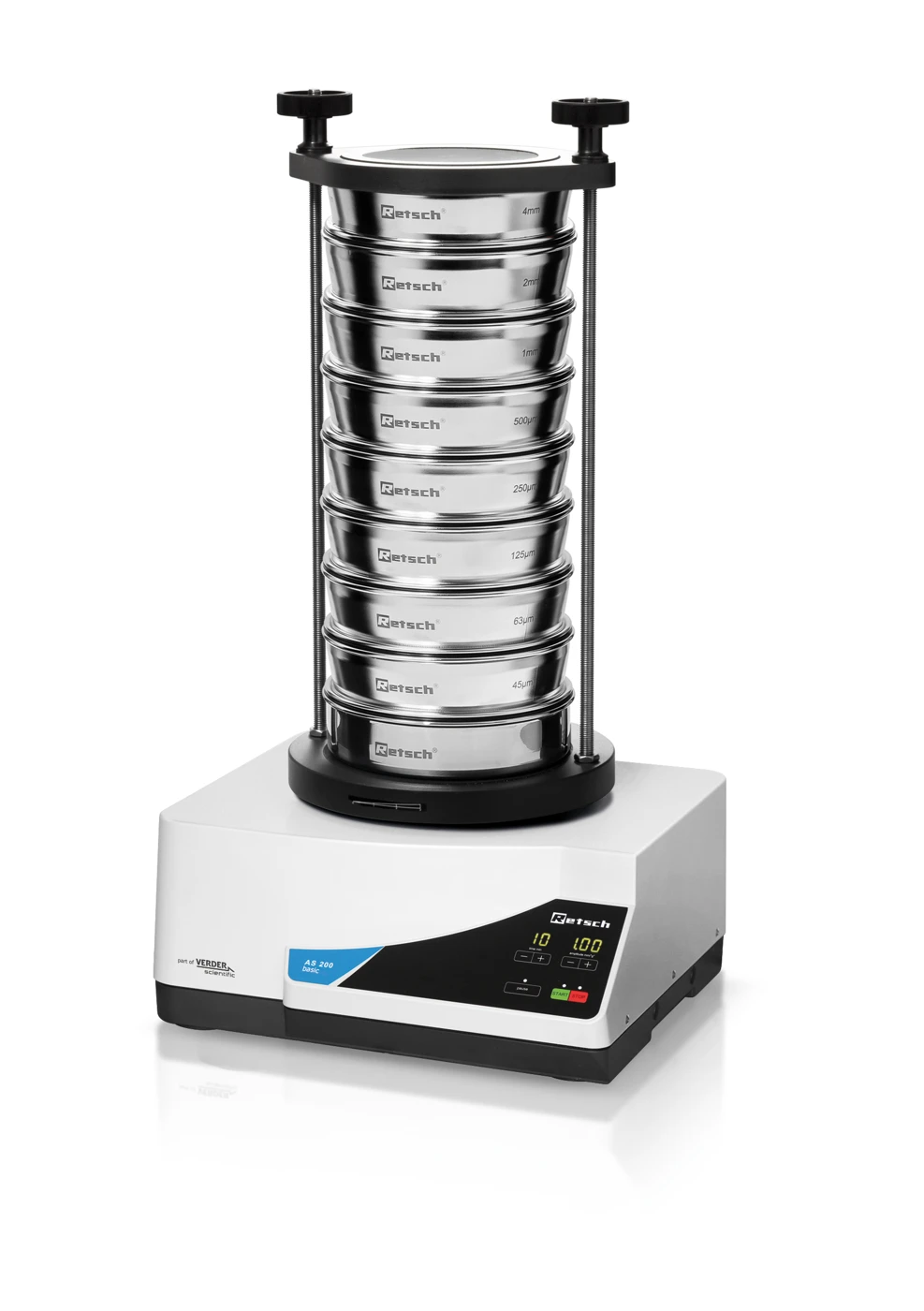 AS 200 Basic vibratory sieve shaker with a stack of test sieves