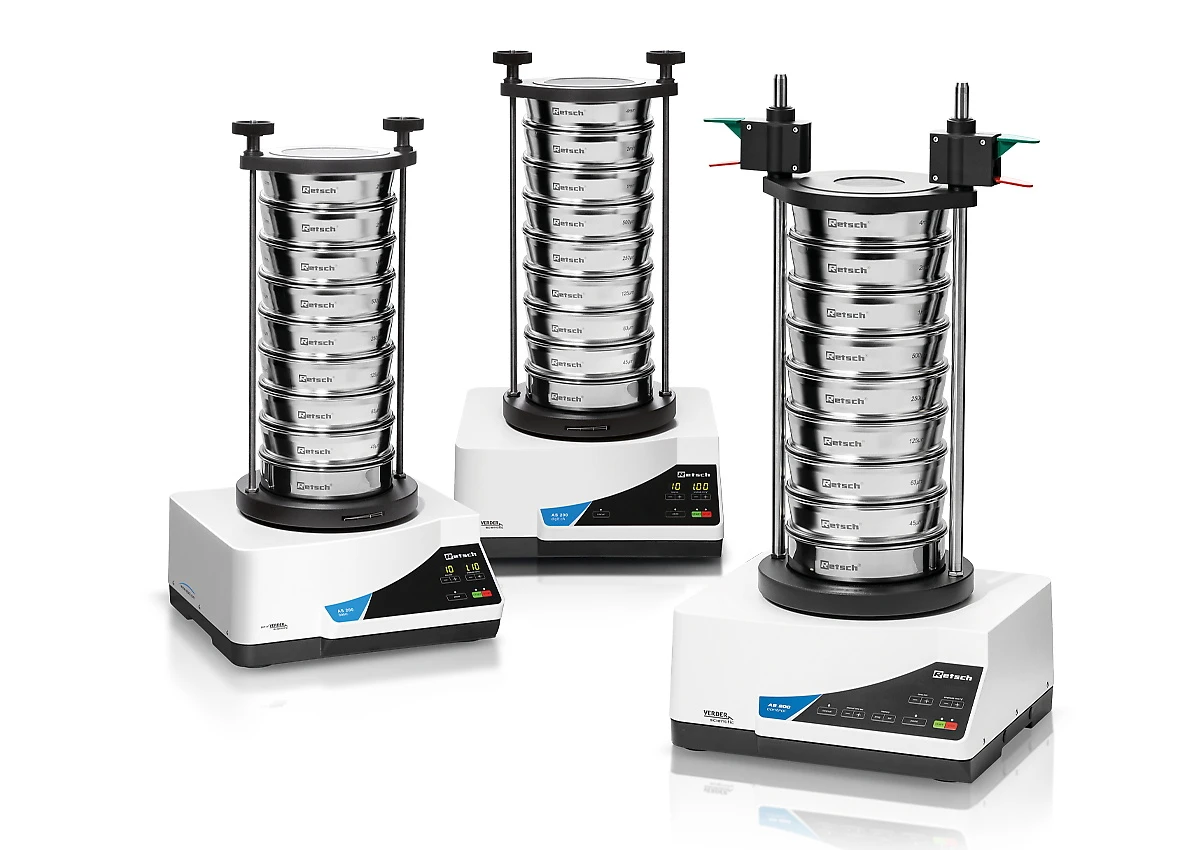 Three AS 200 vibratory sieve shaker models side by side