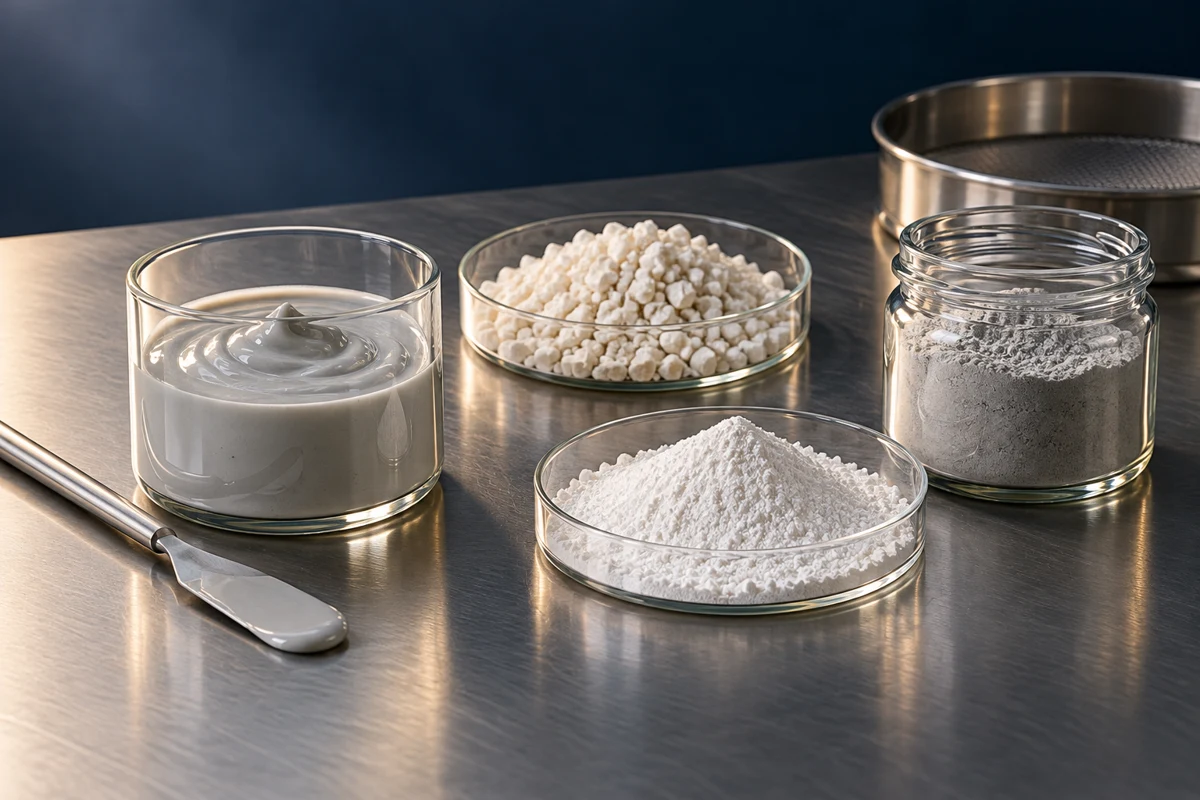 Illustration of viscous liquid, coarse granules and fine powder samples on a stainless steel bench