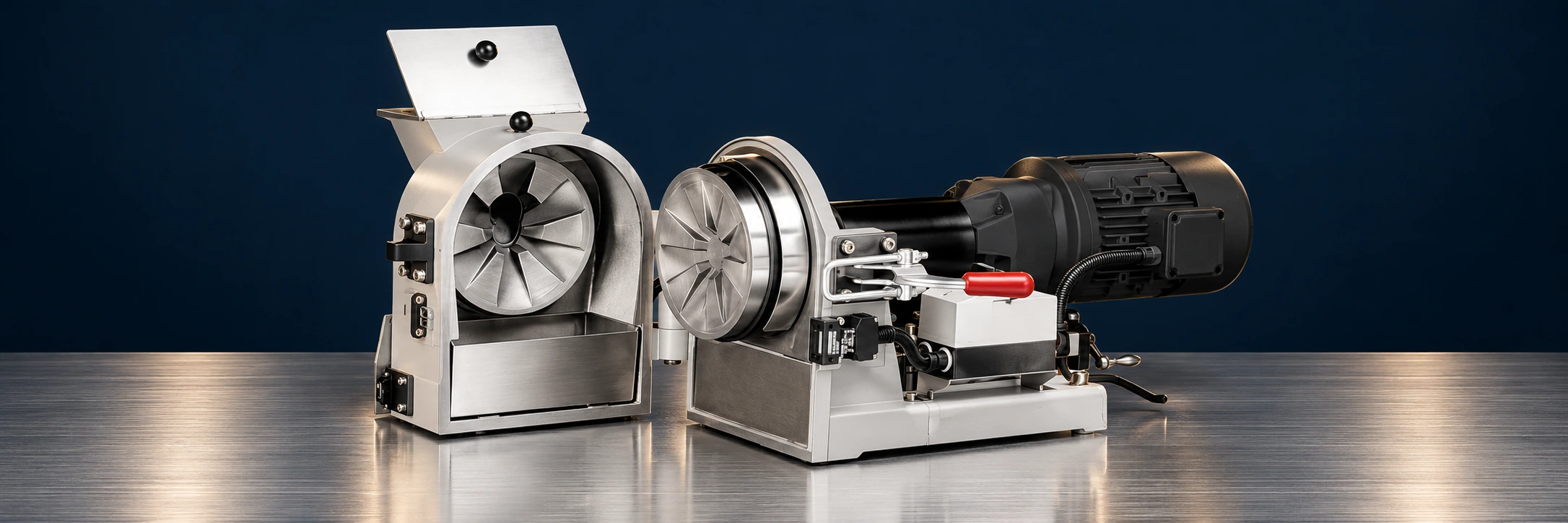 Disc mill equipment example on a stainless steel surface against a navy background