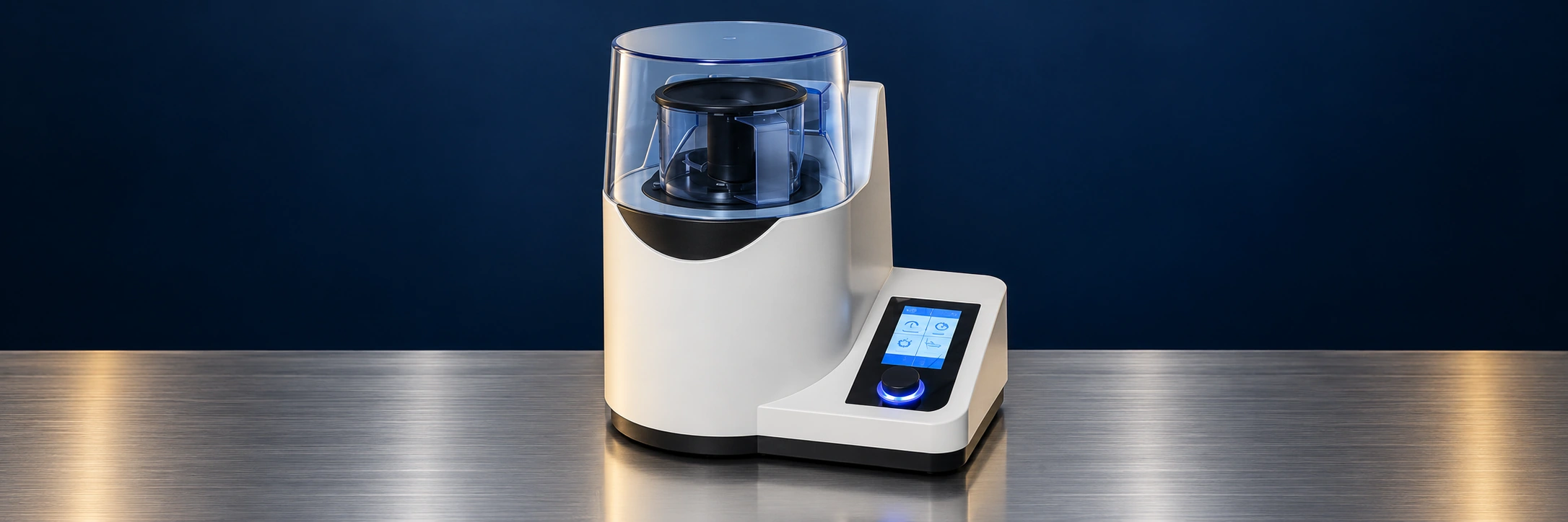 Laboratory knife mill on a stainless steel bench against a navy background