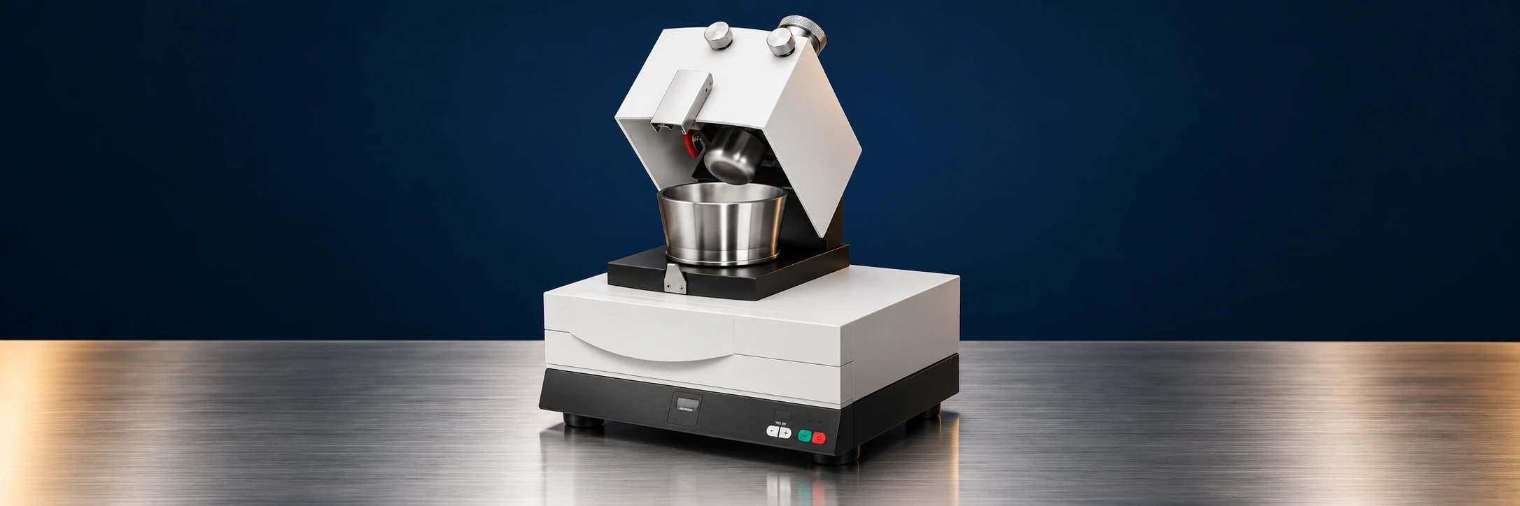 Electric mortar grinder on a stainless steel bench against a navy background