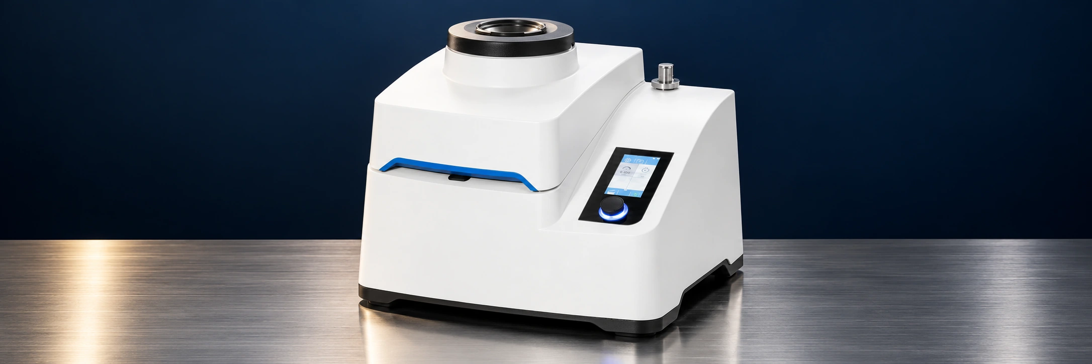 Laboratory rotor mill on a stainless steel bench against a navy background