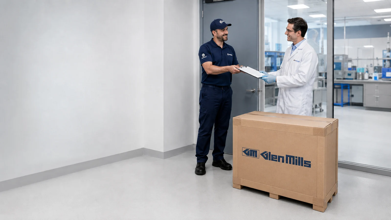 Glen Mills rental delivery illustration showing a shipment handover at a laboratory