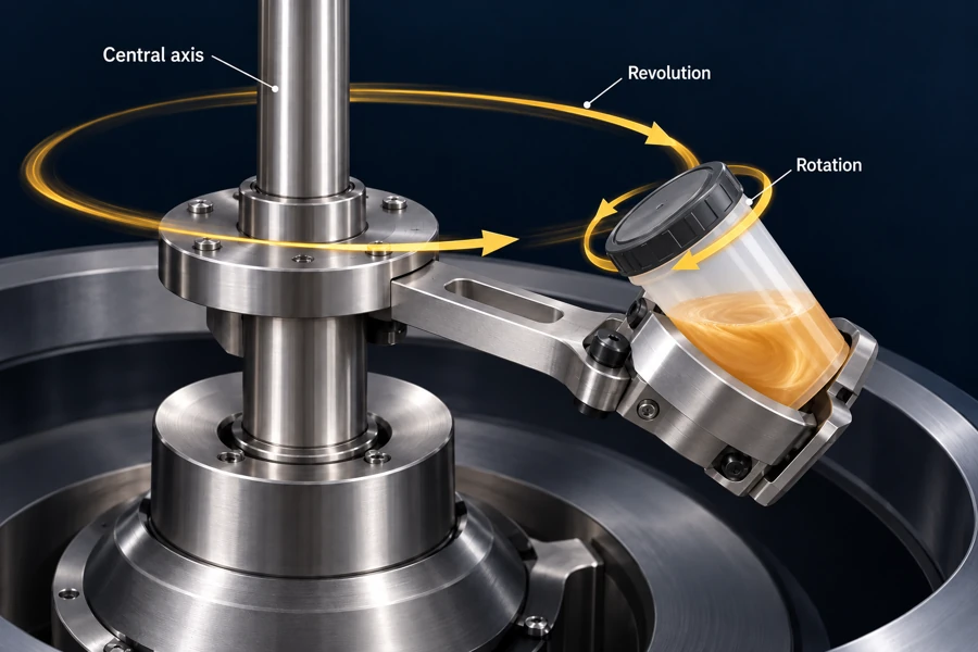 Single tilted mixing cup rotating on its own axis while revolving around a central shaft