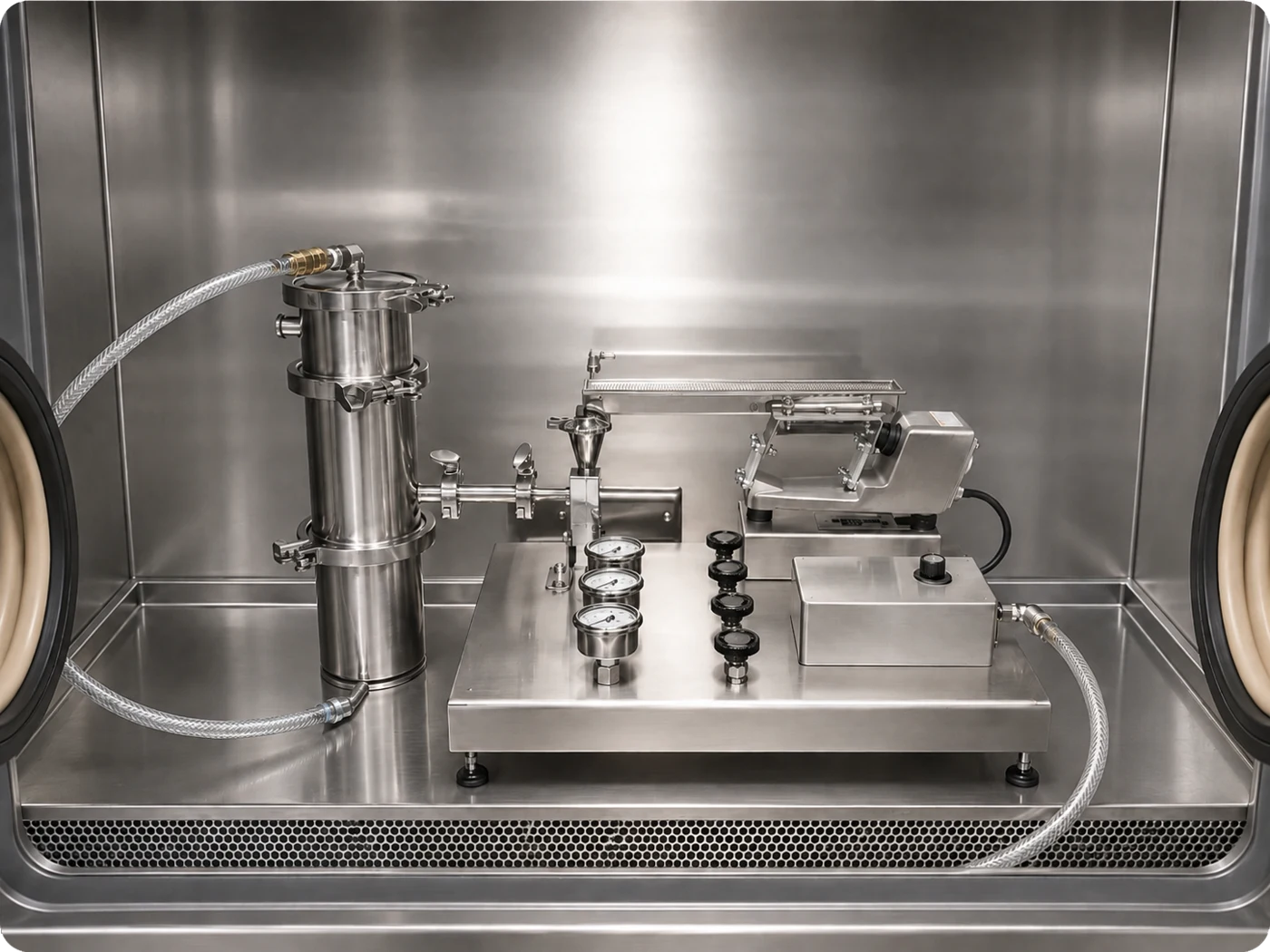 Model 00 jet mill integrated into a glove box