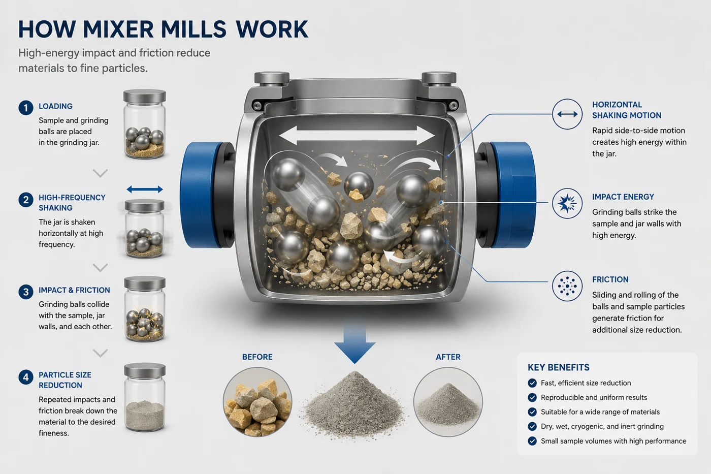 Grinding balls impact and mix samples in horizontally oscillating jars