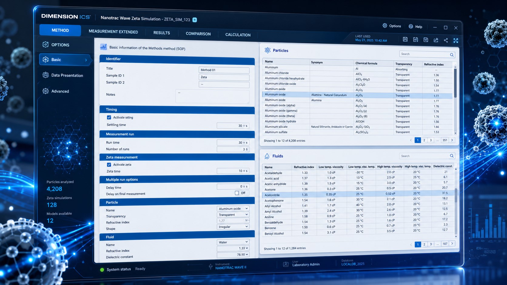 Illustrative measurement software workspace showing methods, particles and fluids