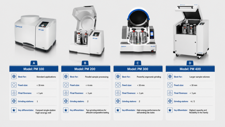 Comparison of PM 100, PM 200, PM 300 and PM 400: best use, feed size, final fineness, station count and key differences