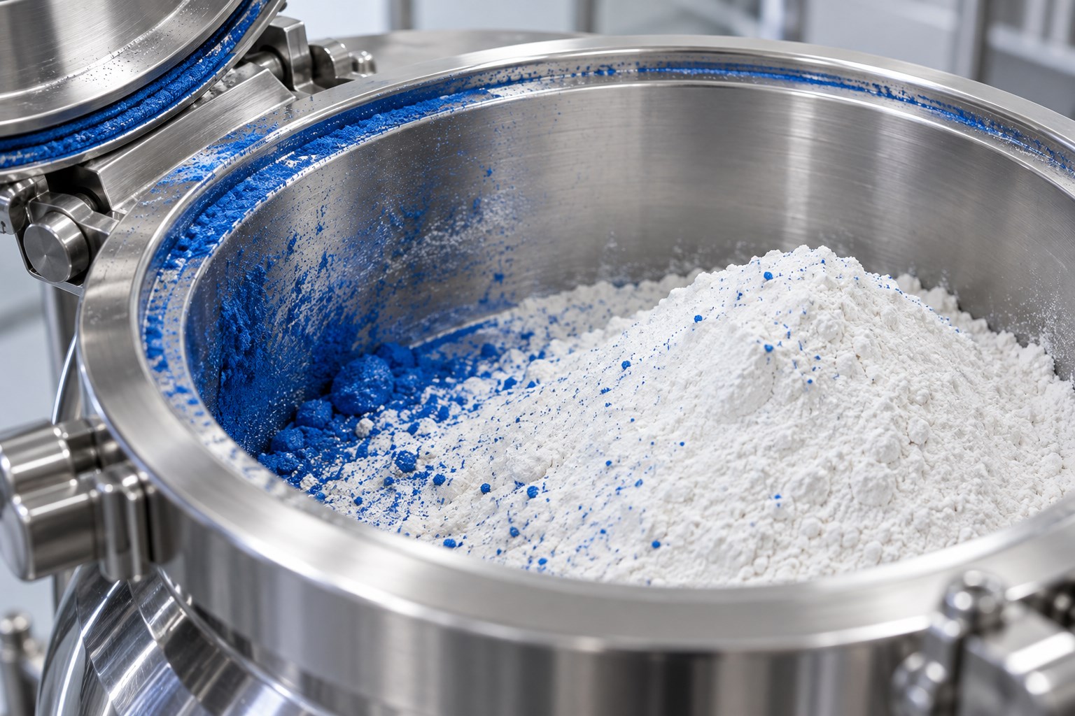 Blue powder residue in a mixing vessel containing fresh white powder