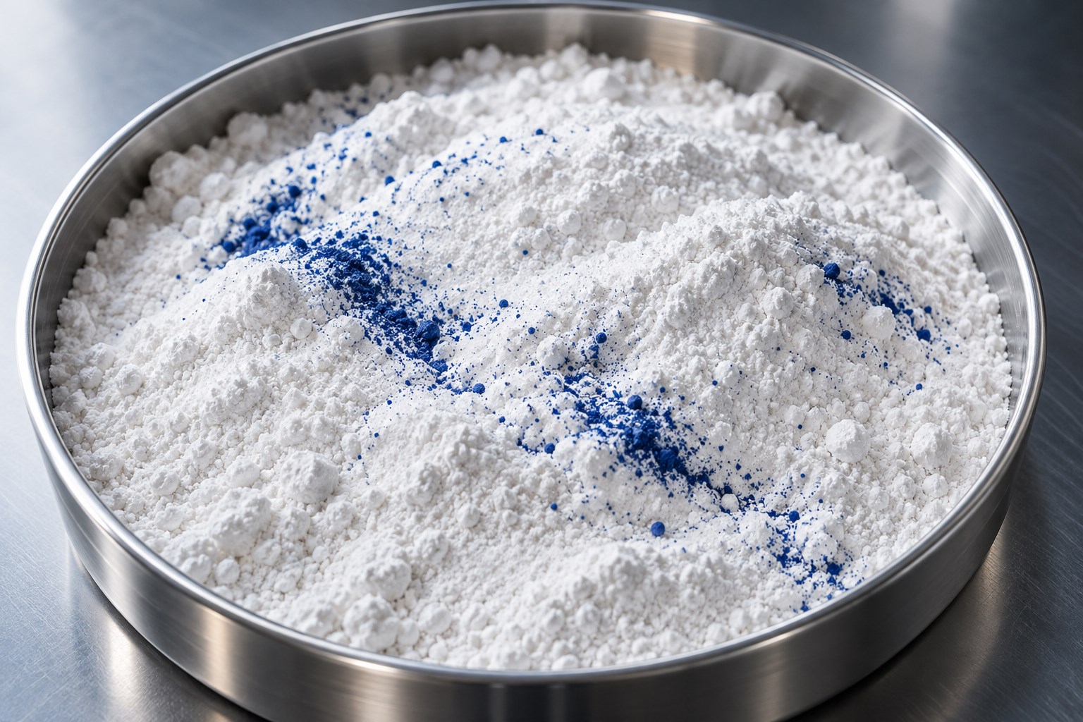 A small amount of blue pigment unevenly distributed through white powder