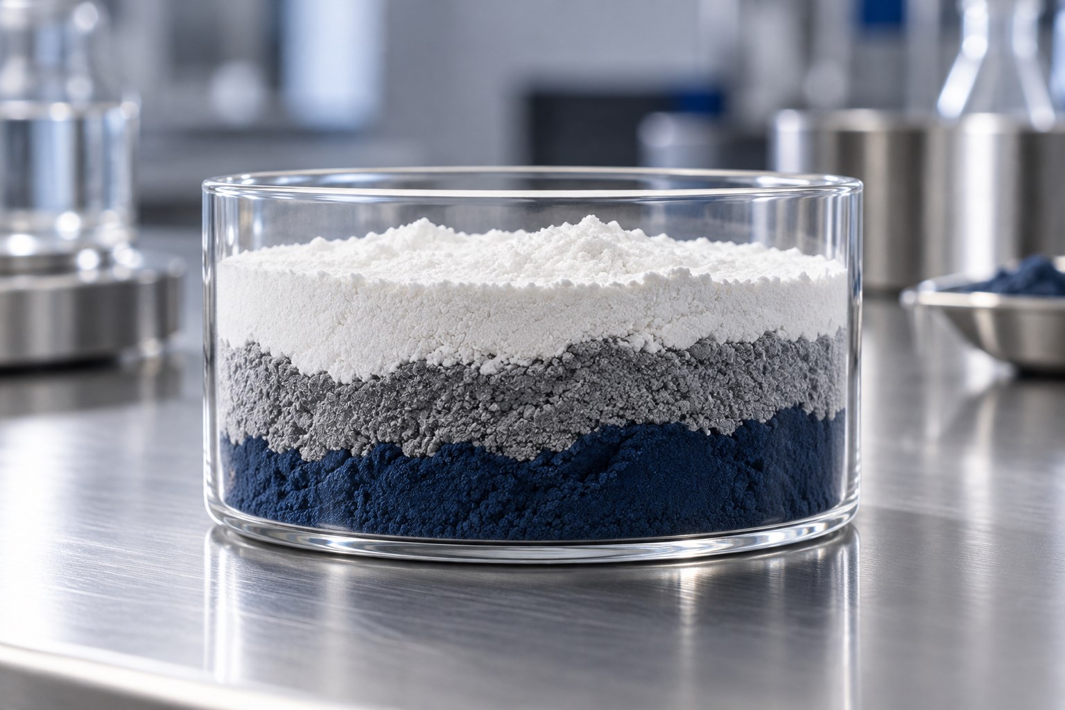 Powders separated into distinct layers in a glass sample vessel