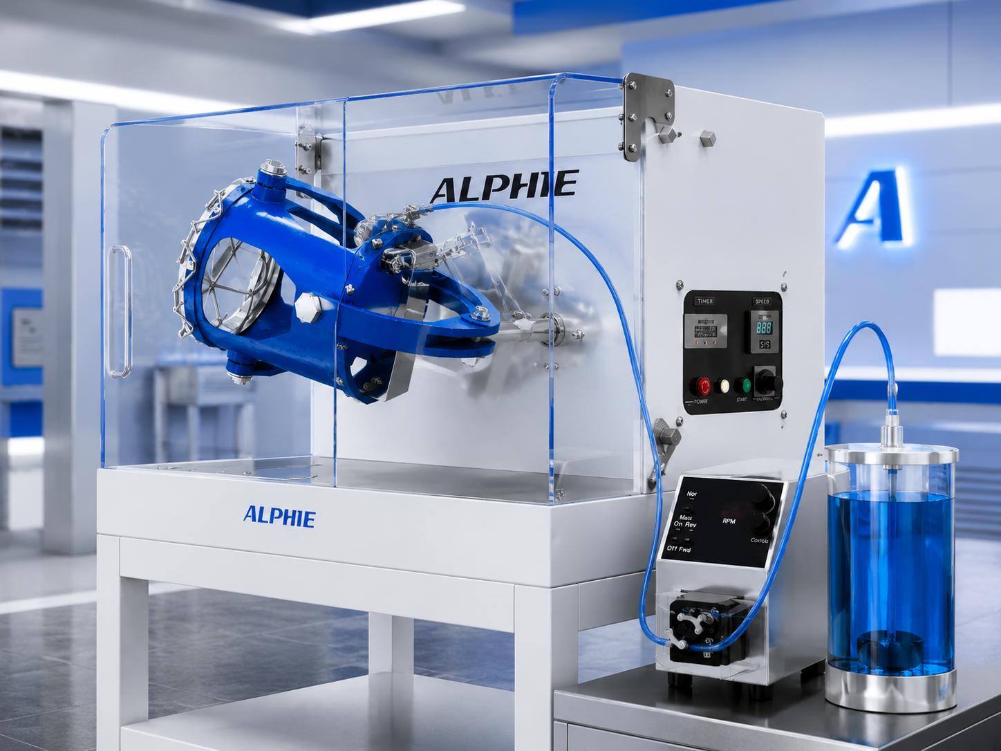 Alphie powder blender configured with a liquid dosing system in a laboratory
