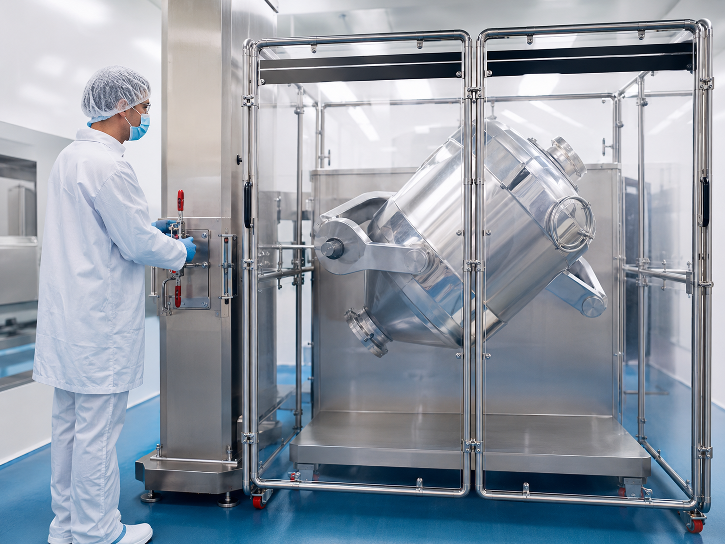 Operator in a cleanroom gown beside an Alphie production powder blender