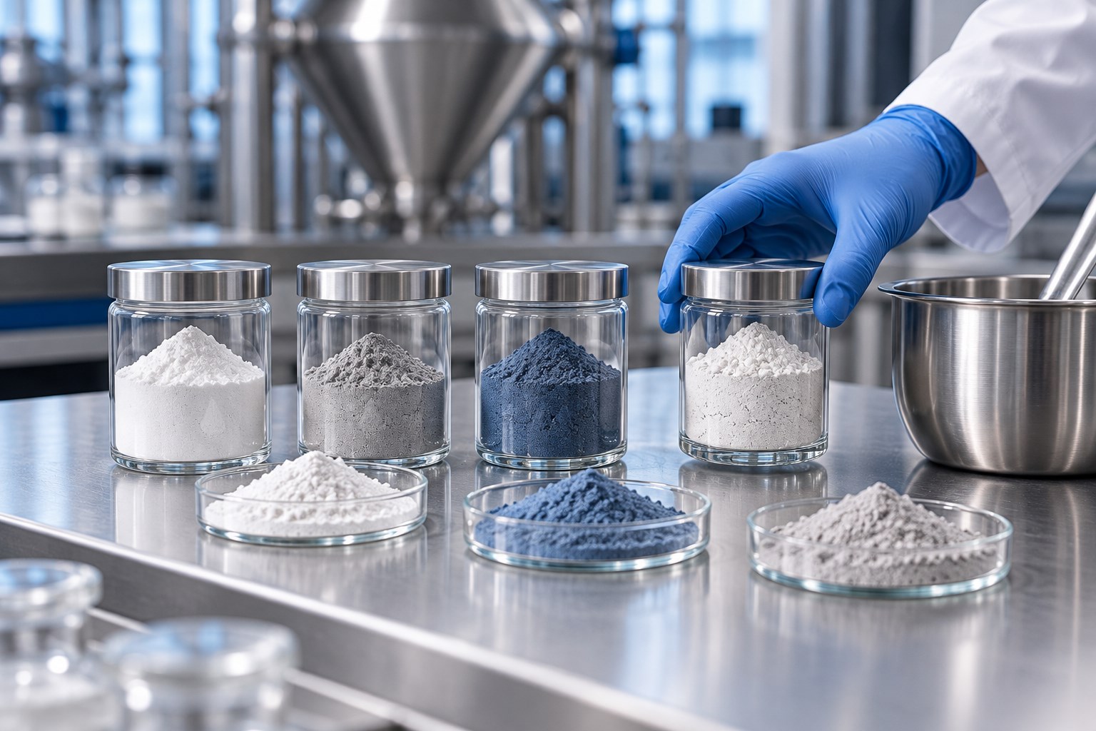 Illustration of powder samples and containers on a laboratory bench