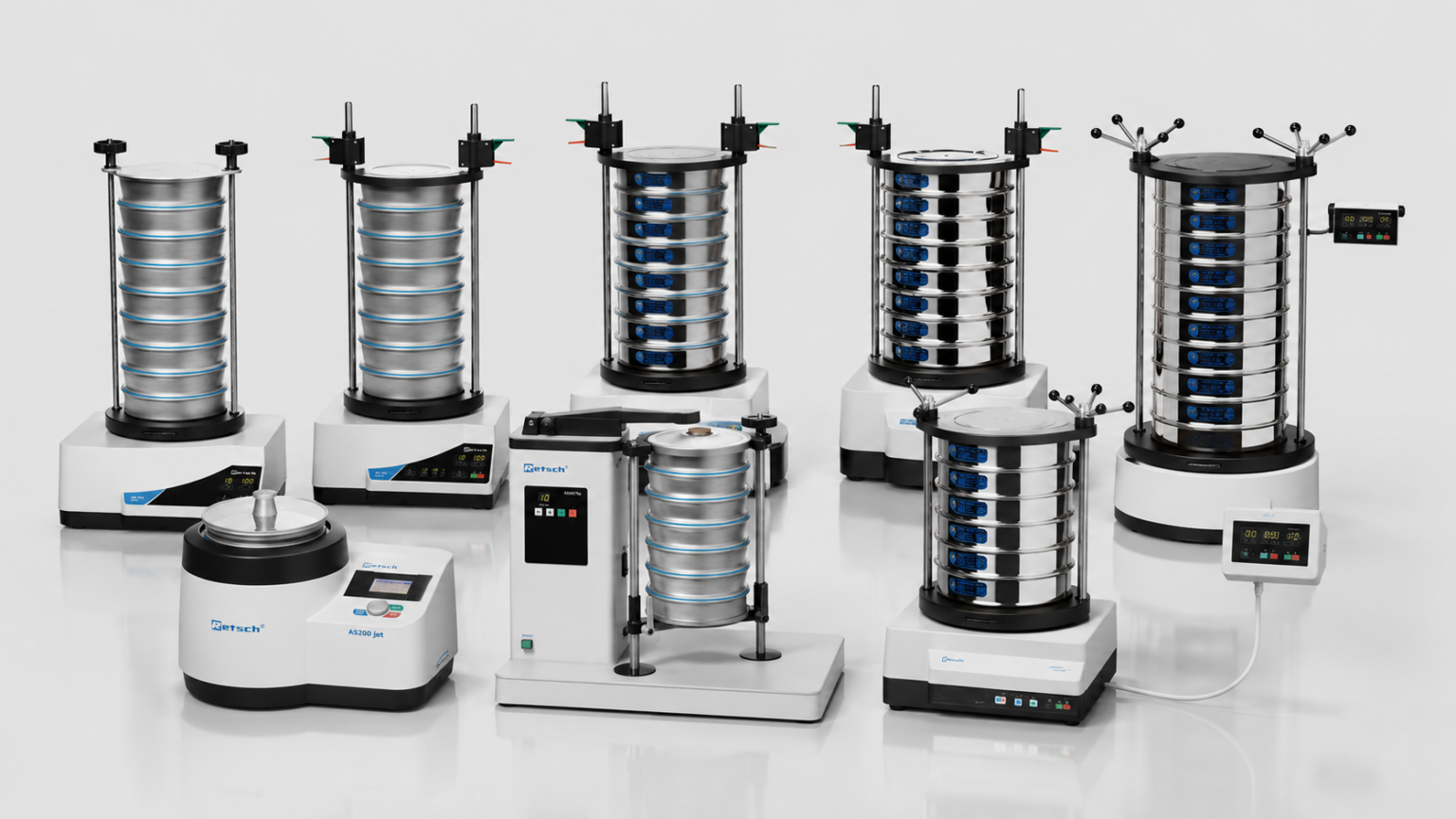 Retsch sieve shaker family with a range of vibratory, air-jet, horizontal and tap systems