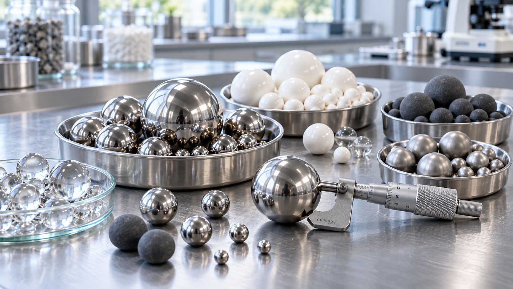 Steel, ceramic and glass balls with precision measurement tools on a stainless laboratory bench