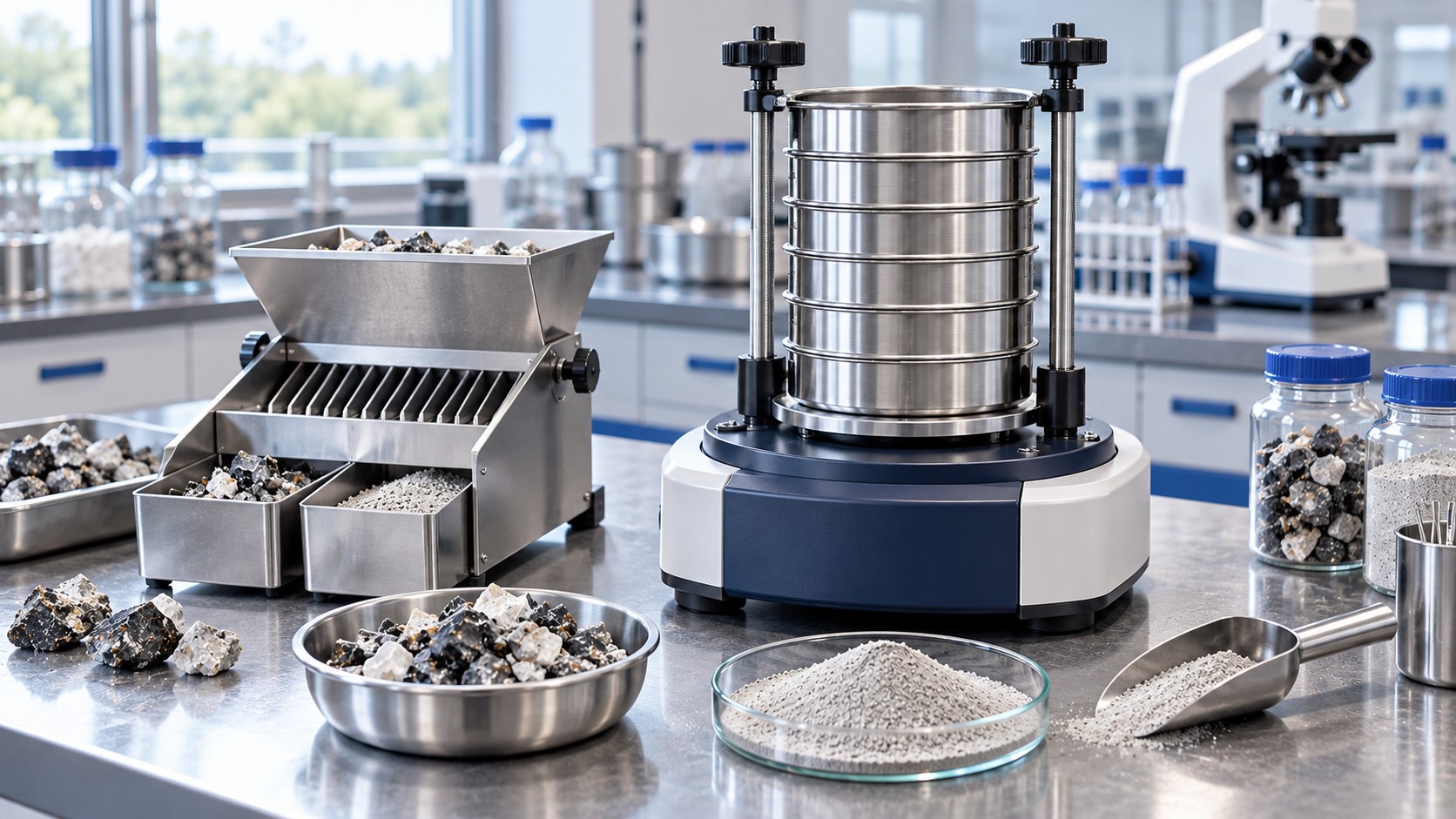 Illustration of stainless steel sieving equipment and powder samples